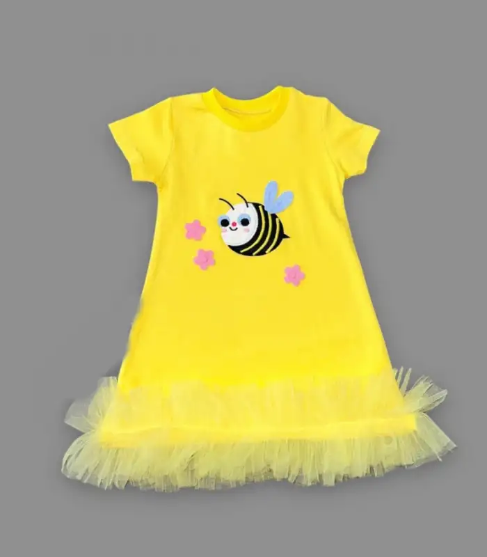 1-2-3 Yaş Arıcık Nakışlı Eteği Fırfırlı Jile Kız Çocuk Elbisesi Sarı