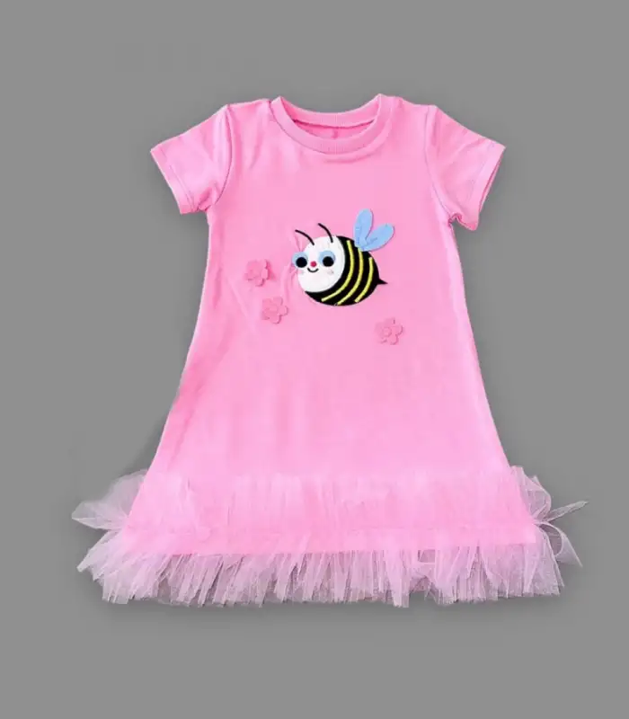 1-2-3 Yaş Arıcık Nakışlı Eteği Fırfırlı Jile Kız Çocuk Elbisesi Pembe