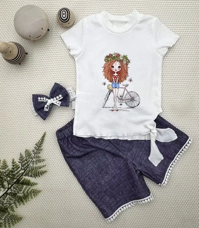 1-2-3 Yaş Bisikletli Kız Baskılı Bandanalı Kot Desenli Şort Kısa Kollu Tişört 3lü Kız Bebek Takımı Lacivert