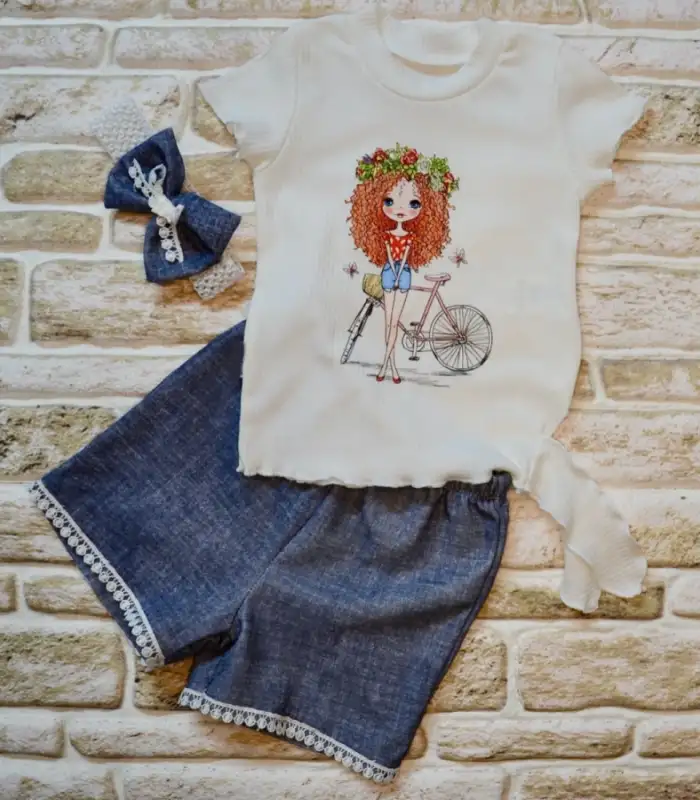 1-2-3 Yaş Bisikletli Kız Baskılı Bandanalı Kot Desenli Şort Kısa Kollu Tişört 3lü Kız Bebek Takımı Lacivert
