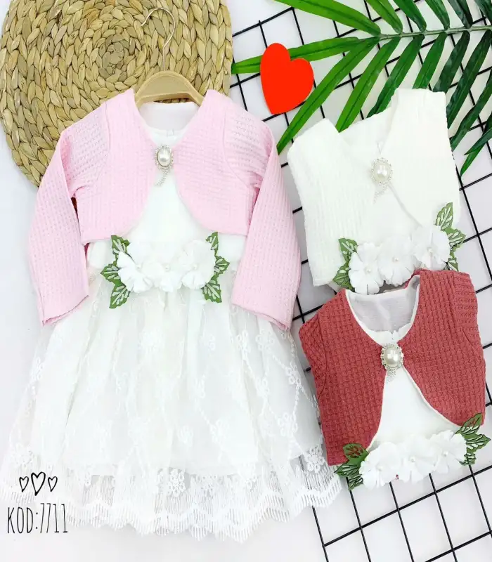 1-2-3 Yaş Bolerolu Çiçekli Tül Etekli 2li Kız Çocuk Elbisesi Kahverengi