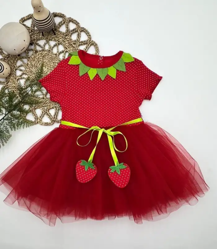 1-2-3 Yaş Çilek Bebekler Baskılı Çilek Kuşaklı Astarlı Kız Bebek Tütü Elbise Kırmızı