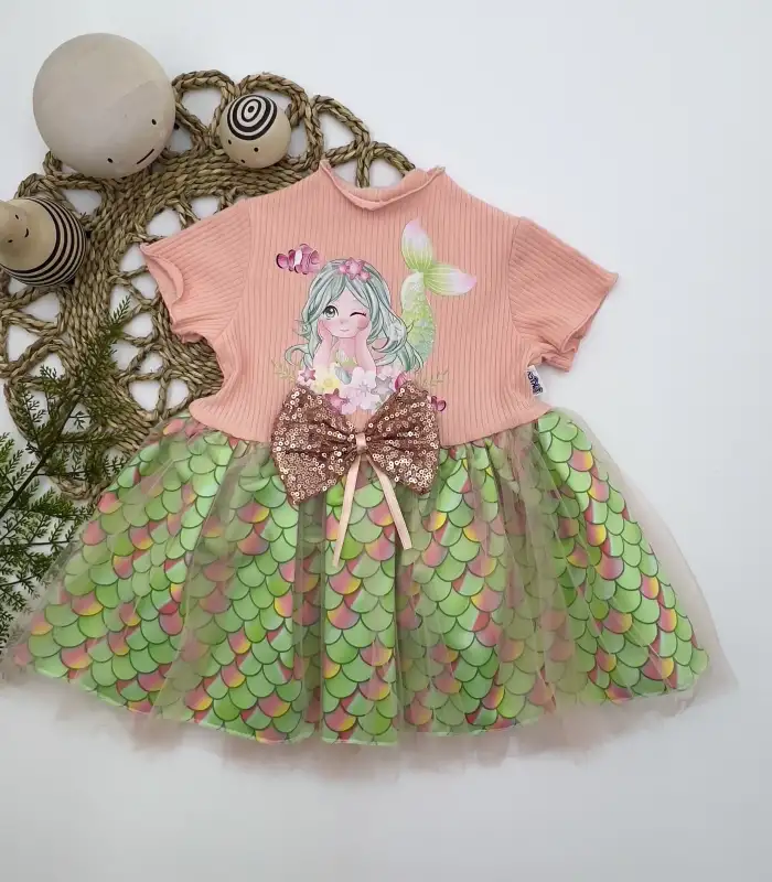1-2-3 Yaş Denizkızı Baskılı Pul Desen Etekli Kız Bebek Elbisesi Pudra