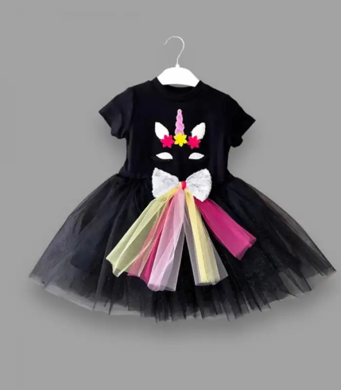 1-2-3 Yaş Gökkuşağı Kuyruklu Payet Pony Nakışlı Kız Bebek Tütü Elbisesi Siyah