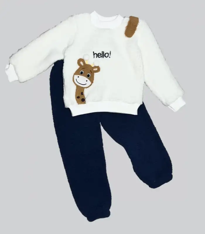 1-2-3 Yaş Hello Zürafa Nakışlı Kuzu Kumaş Sweat Pantolon Uzun Kollu Kız Erkek 2 Li Takımı Lacivert