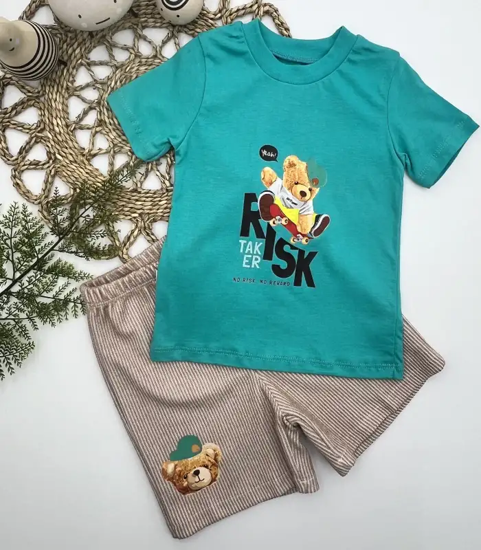1-2-3 Yaş Kaykaycı Ayı Baskılı Şortlu Kısa Kollu Tişört 2li Erkek Bebek Takımı Turkuaz