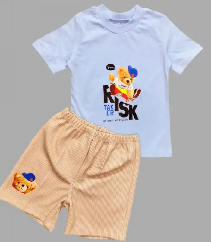 1-2-3 Yaş Kaykaycı Ayı Baskılı Şortlu Kısa Kollu Tişört 2li Erkek Bebek Takımı Mavi