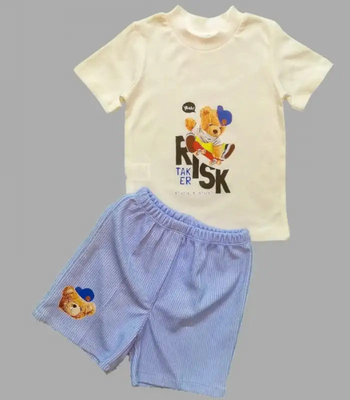 1-2-3 Yaş Kaykaycı Ayı Baskılı Şortlu Kısa Kollu Tişört 2li Erkek Bebek Takımı Ekru