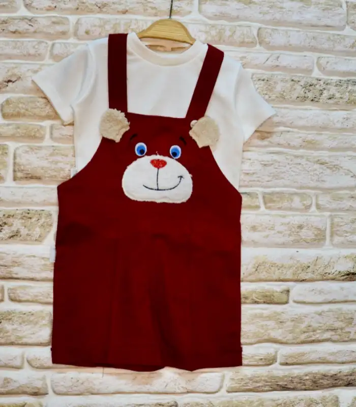 1-2-3 Yaş Keten Kumaş Tişörtlü Ayıcık Nakışlı Şort 2li Kız Erkek Bebek Salopet Takımı Bordo