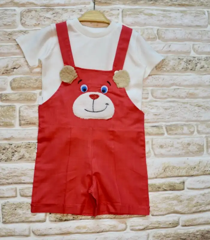 1-2-3 Yaş Keten Kumaş Tişörtlü Ayıcık Nakışlı Şort 2li Kız Erkek Bebek Salopet Takımı Nar Çiçeği