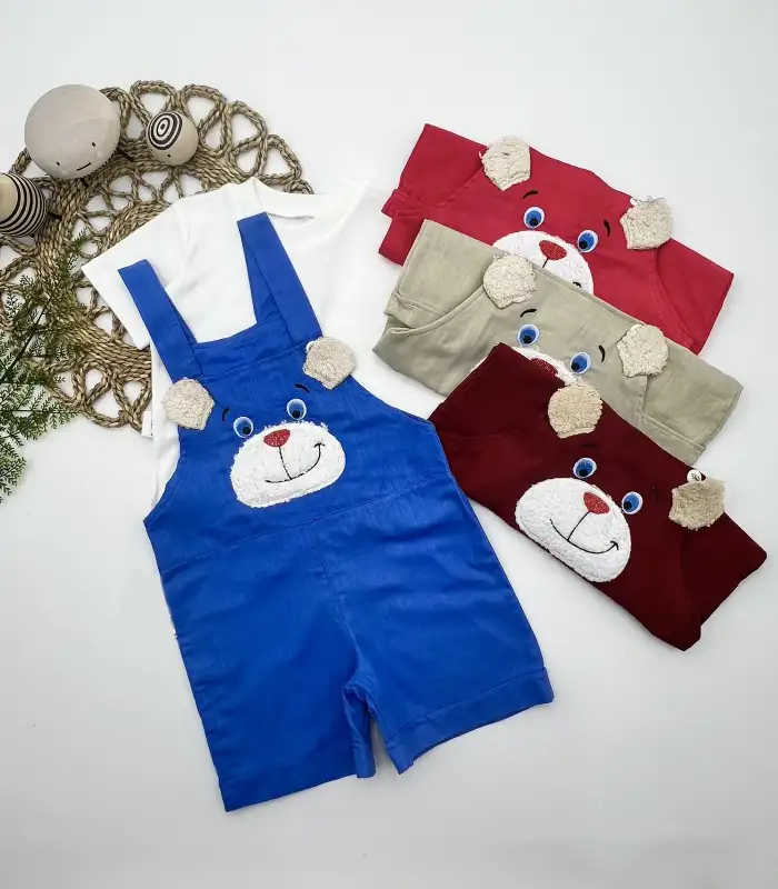 1-2-3 Yaş Keten Kumaş Tişörtlü Ayıcık Nakışlı Şort 2li Kız Erkek Bebek Salopet Takımı Nar Çiçeği