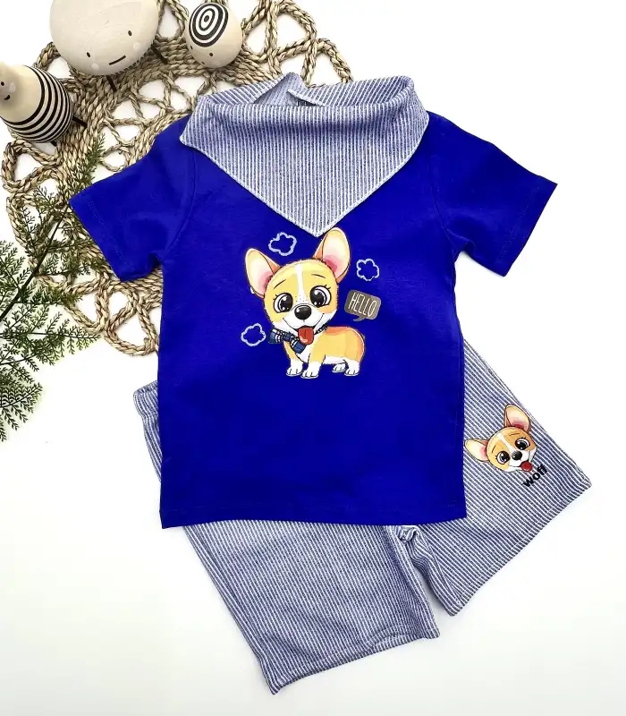 1-2-3 Yaş Köpekçik Baskılı Flarlı Şortlu Kısa Kollu Tişört 3lü Erkek Bebek Takımı İndigo