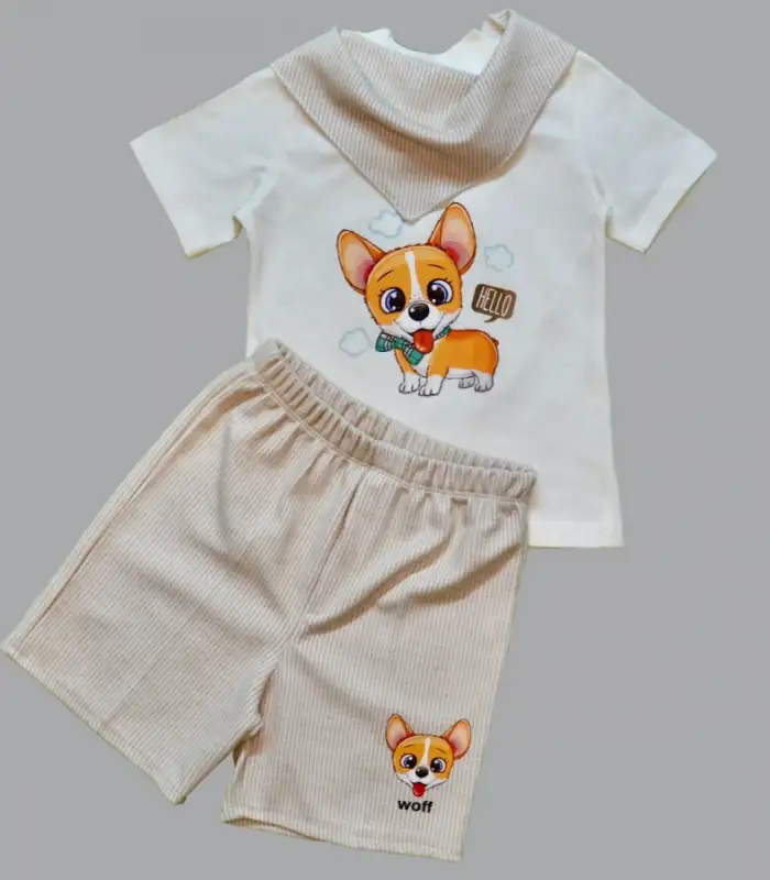 1-2-3 Yaş Köpekçik Baskılı Flarlı Şortlu Kısa Kollu Tişört 3lü Erkek Bebek Takımı Bej