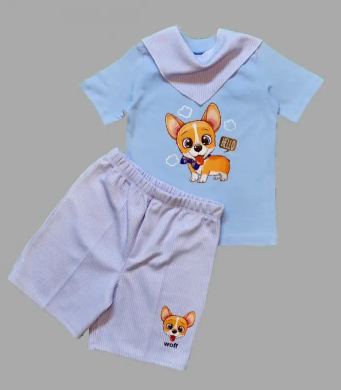 1-2-3 Yaş Köpekçik Baskılı Flarlı Şortlu Kısa Kollu Tişört 3lü Erkek Bebek Takımı Mavi