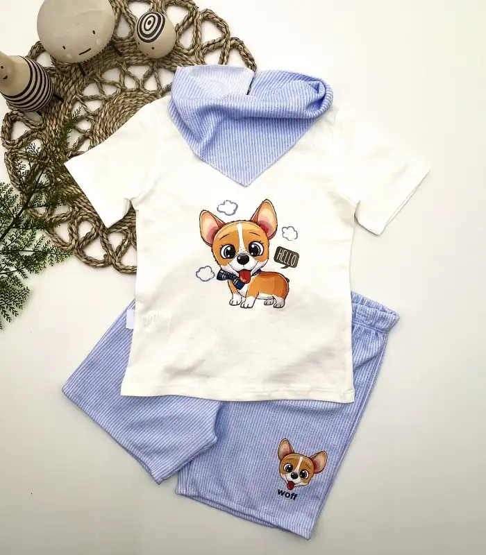 1-2-3 Yaş Köpekçik Baskılı Flarlı Şortlu Kısa Kollu Tişört 3lü Erkek Bebek Takımı Ekru