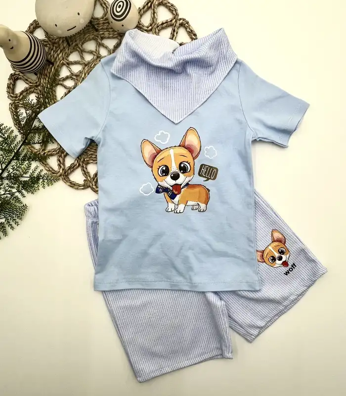 1-2-3 Yaş Köpekçik Baskılı Flarlı Şortlu Kısa Kollu Tişört 3lü Erkek Bebek Takımı Mavi