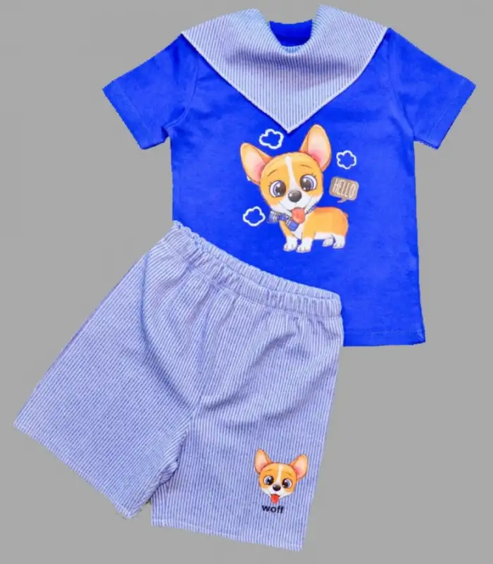 1-2-3 Yaş Köpekçik Baskılı Flarlı Şortlu Kısa Kollu Tişört 3lü Erkek Bebek Takımı İndigo