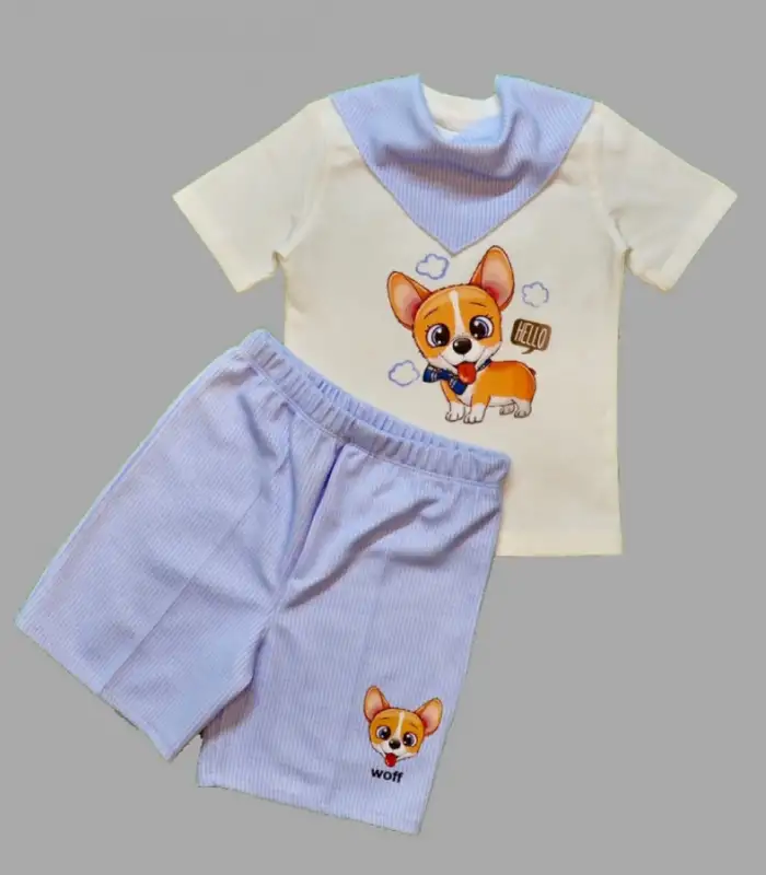 1-2-3 Yaş Köpekçik Baskılı Flarlı Şortlu Kısa Kollu Tişört 3lü Erkek Bebek Takımı Ekru
