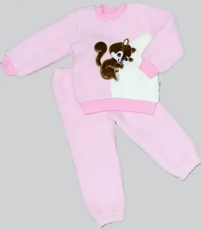 1-2-3 Yaş Masum Yavru Sincap Nakışlı Kuzu Kumaş Sweat Pantolon 2li Kız Erkek Bebek Takımı Pembe