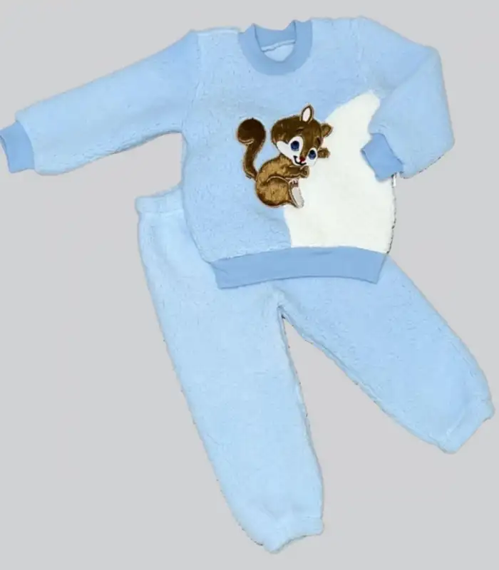 1-2-3 Yaş Masum Yavru Sincap Nakışlı Kuzu Kumaş Sweat Pantolon 2li Kız Erkek Bebek Takımı Mavi