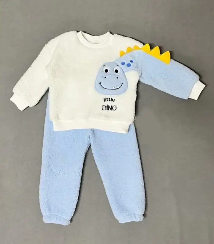 1-2-3 Yaş Minik Dino Kollu Kuzu Kumaş Sweat Pantolon Uzun Kollu Kız Erkek 2 Li Takımı Mavi