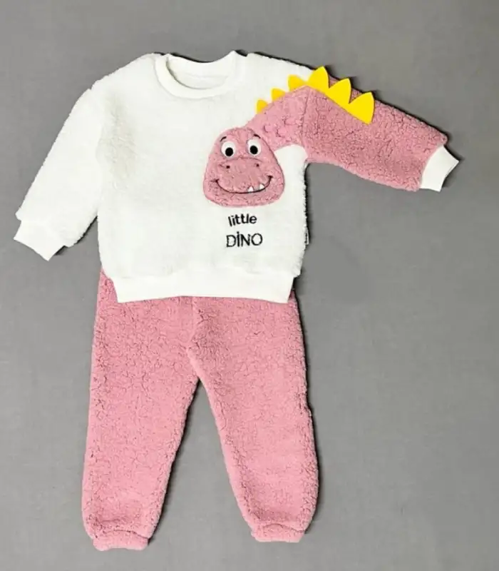 1-2-3 Yaş Minik Dino Kollu Kuzu Kumaş Sweat Pantolon Uzun Kollu Kız Erkek 2 Li Takımı Gül Kurusu