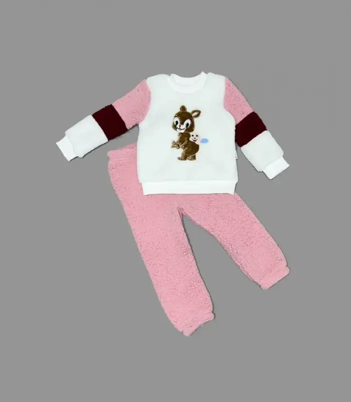 1-2-3 Yaş Oyuncu Sincap Nakışlı Kuzu Kumaş Sweat Pantolon Uzun Kollu Kız Erkek 2 Li Takımı Gül Kurusu