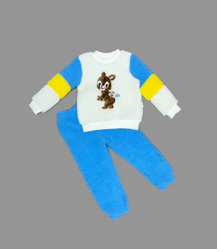 1-2-3 Yaş Oyuncu Sincap Nakışlı Kuzu Kumaş Sweat Pantolon Uzun Kollu Kız Erkek 2 Li Takımı Saks Mavisi