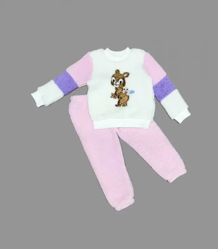 1-2-3 Yaş Oyuncu Sincap Nakışlı Kuzu Kumaş Sweat Pantolon Uzun Kollu Kız Erkek 2 Li Takımı Pembe
