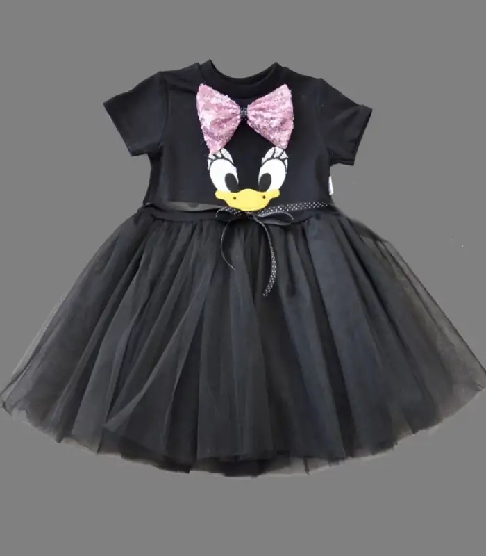 1-2-3 Yaş Payet Fiyonk Tokalı Ördek Nakışlı Astarlı Kız Bebek Tütü Elbisesi Siyah