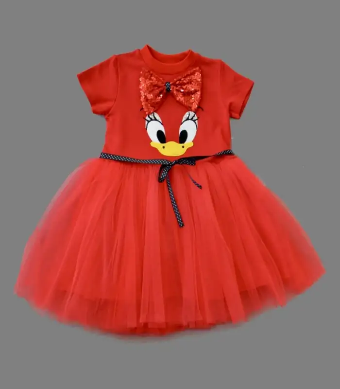 1-2-3 Yaş Payet Fiyonk Tokalı Ördek Nakışlı Astarlı Kız Bebek Tütü Elbisesi Kırmızı