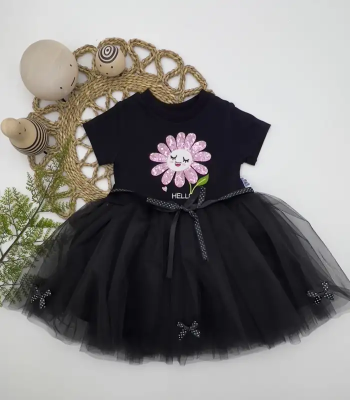 1-2-3 Yaş Payet Yapraklı Çiçek Nakışlı Astarlı Kız Bebek Tütü Elbisesi Siyah
