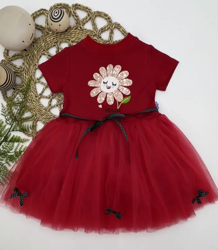 1-2-3 Yaş Payet Yapraklı Çiçek Nakışlı Astarlı Kız Bebek Tütü Elbisesi Kırmızı