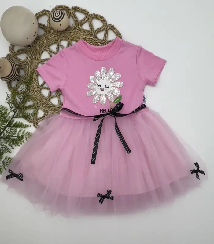 1-2-3 Yaş Payet Yapraklı Çiçek Nakışlı Astarlı Kız Bebek Tütü Elbisesi Pembe