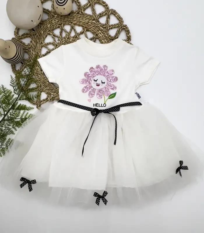 1-2-3 Yaş Payet Yapraklı Çiçek Nakışlı Astarlı Kız Bebek Tütü Elbisesi Beyaz