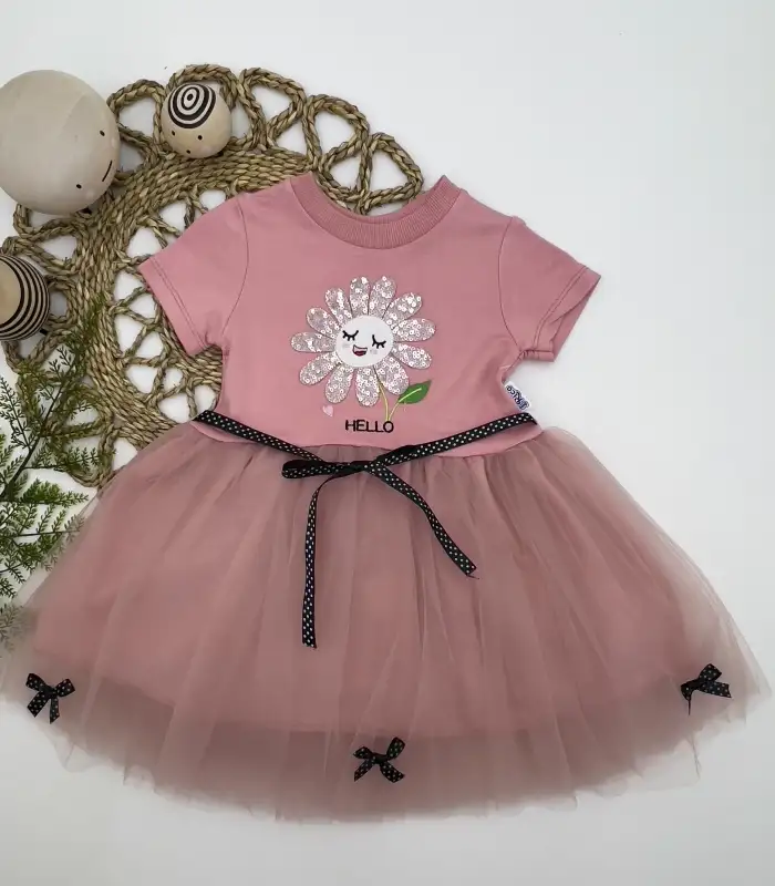 1-2-3 Yaş Payet Yapraklı Çiçek Nakışlı Astarlı Kız Bebek Tütü Elbisesi Gül Kurusu