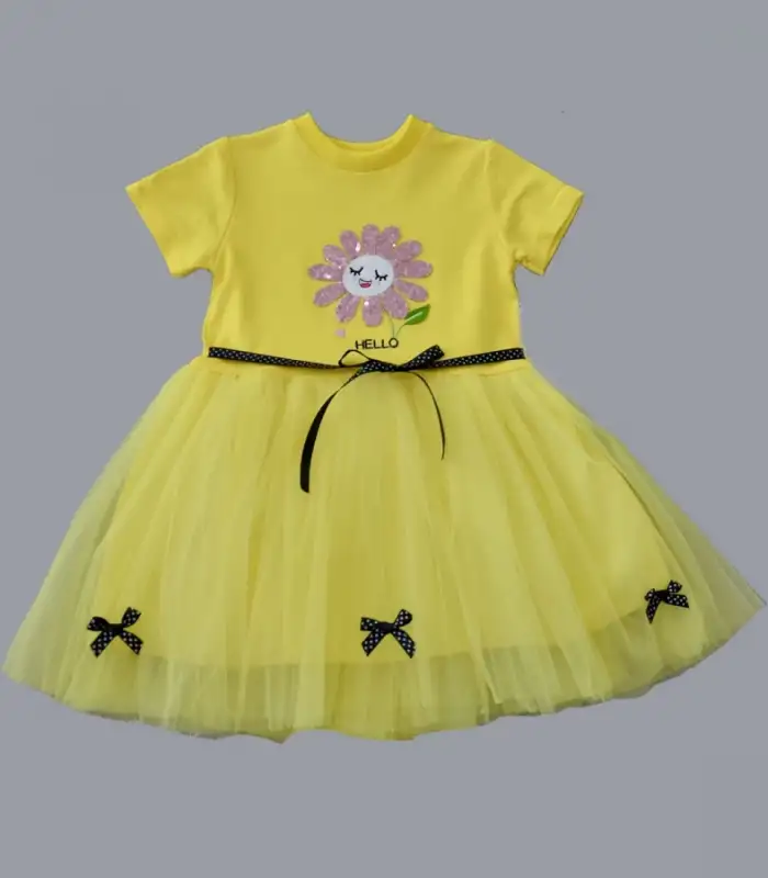 1-2-3 Yaş Payet Yapraklı Çiçek Nakışlı Astarlı Kız Bebek Tütü Elbisesi Sarı