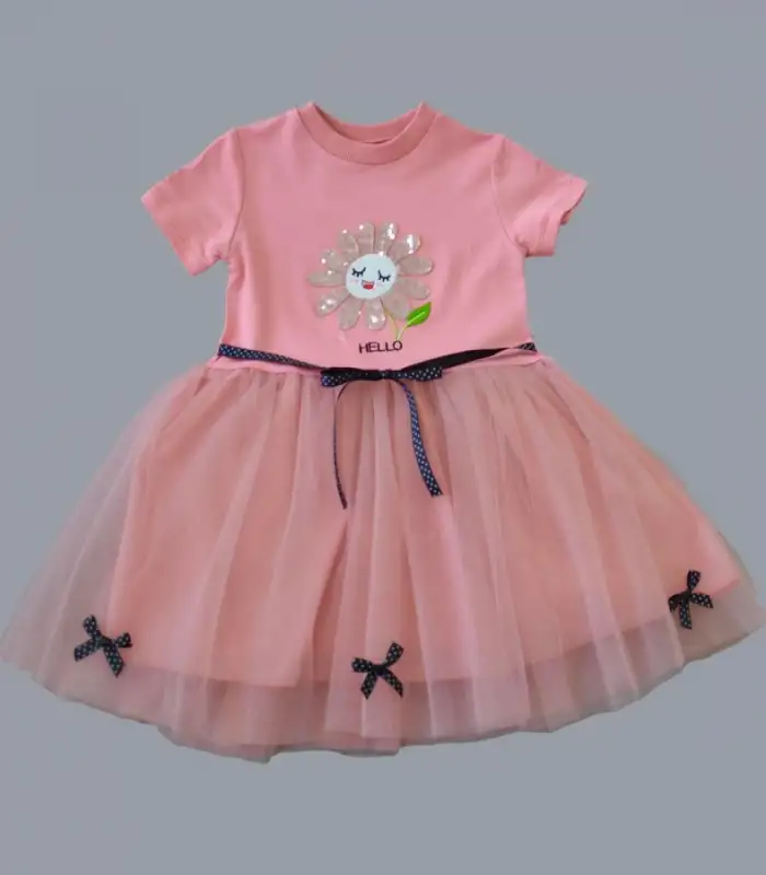 1-2-3 Yaş Payet Yapraklı Çiçek Nakışlı Astarlı Kız Bebek Tütü Elbisesi Gül Kurusu