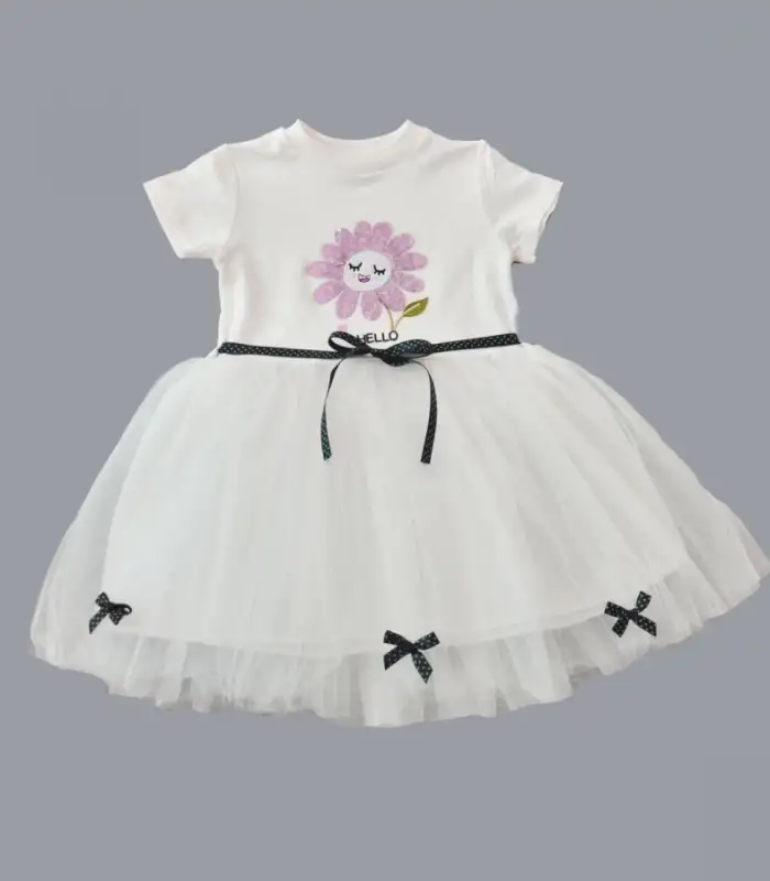 1-2-3 Yaş Payet Yapraklı Çiçek Nakışlı Astarlı Kız Bebek Tütü Elbisesi Beyaz