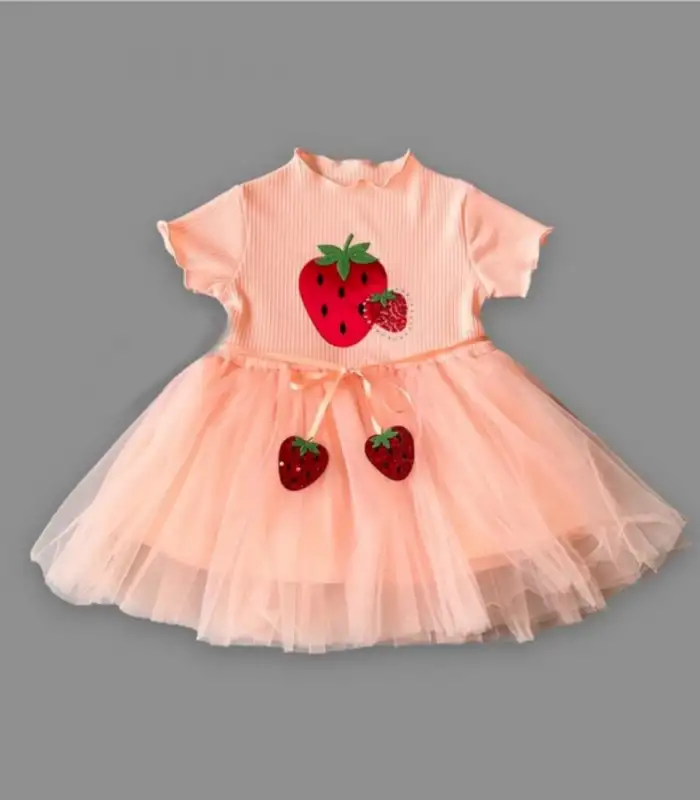 1-2-3 Yaş Payetli Çilek Baskılı Çilek Kuşaklı Kız Bebek Elbisesi Pudra