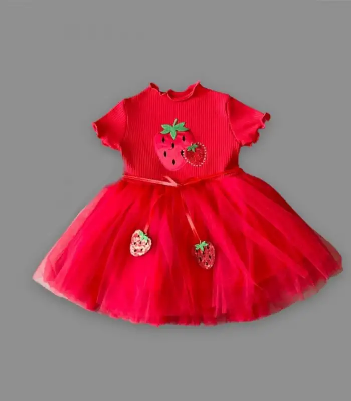 1-2-3 Yaş Payetli Çilek Baskılı Çilek Kuşaklı Kız Bebek Elbisesi Kırmızı