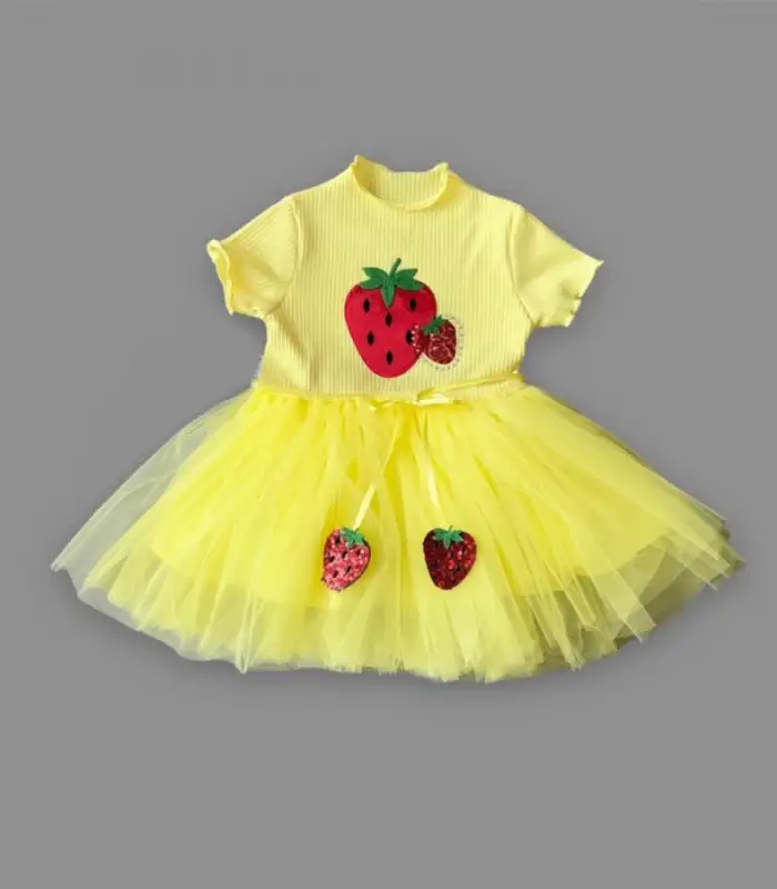 1-2-3 Yaş Payetli Çilek Baskılı Çilek Kuşaklı Kız Bebek Elbisesi Sarı