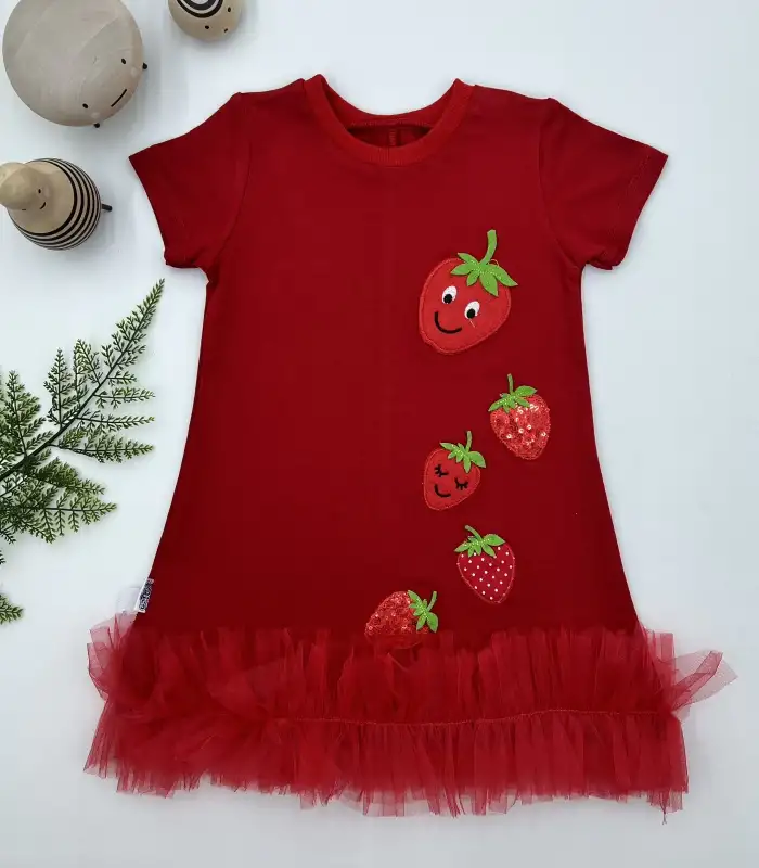 1-2-3 Yaş Payetli Çilekler Nakışlı Eteği Fırfırlı Jile Kız Çocuk Elbisesi Kırmızı