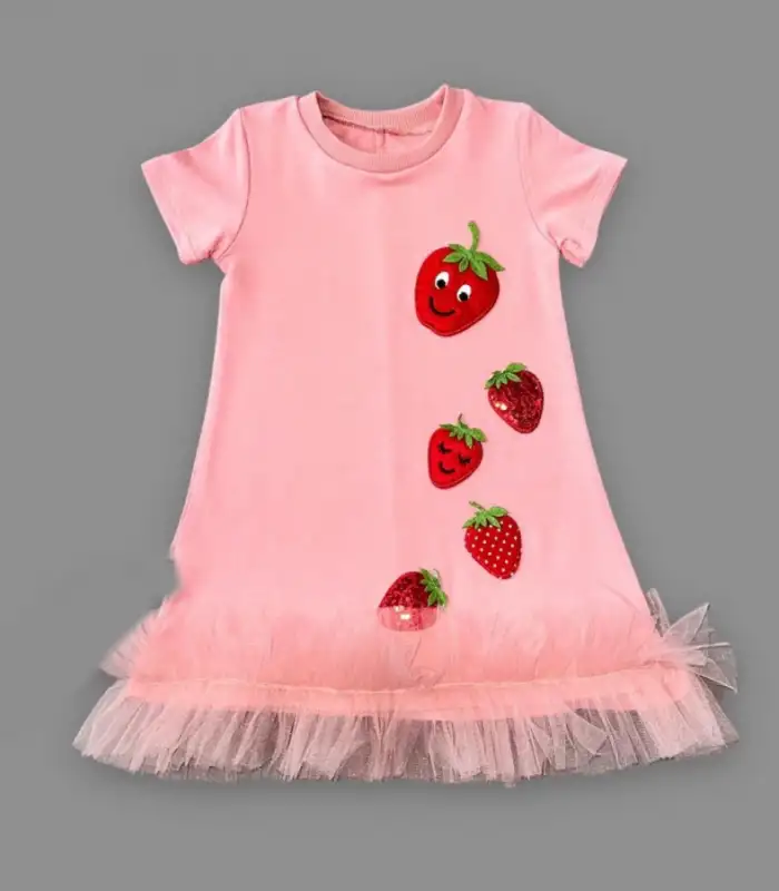 1-2-3 Yaş Payetli Çilekler Nakışlı Eteği Fırfırlı Jile Kız Çocuk Elbisesi Gül Kurusu