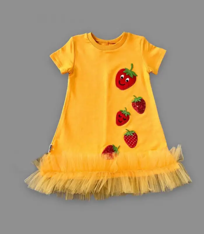 1-2-3 Yaş Payetli Çilekler Nakışlı Eteği Fırfırlı Jile Kız Çocuk Elbisesi Turuncu
