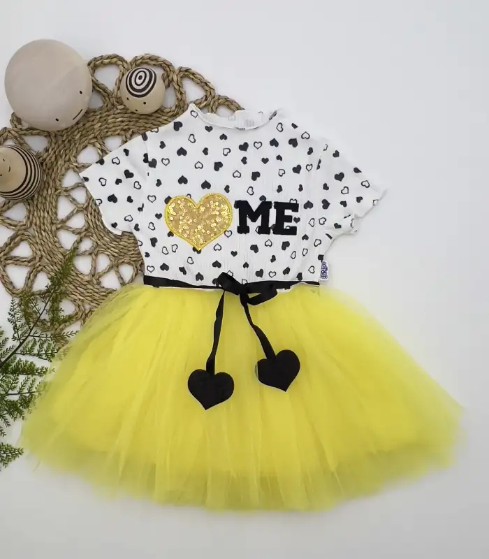 1-2-3 Yaş Payetli Kalp Me Baskılı Kız Bebek Elbisesi Sarı