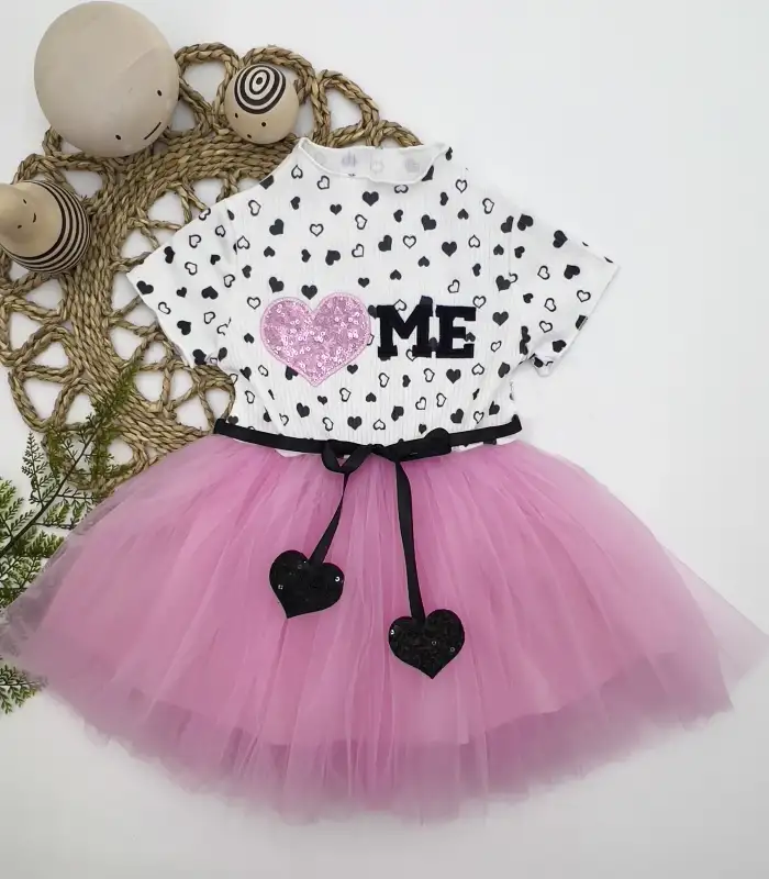 1-2-3 Yaş Payetli Kalp Me Baskılı Kız Bebek Elbisesi Pembe