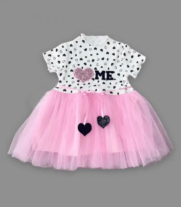 1-2-3 Yaş Payetli Kalp Me Baskılı Kız Bebek Elbisesi Pembe