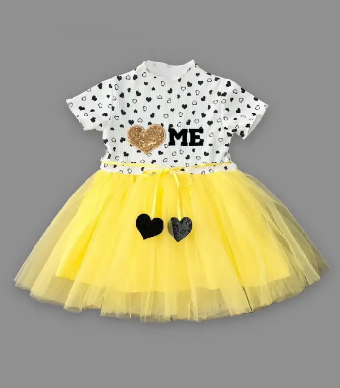 1-2-3 Yaş Payetli Kalp Me Baskılı Kız Bebek Elbisesi Sarı