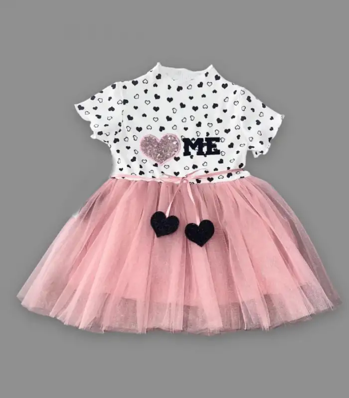 1-2-3 Yaş Payetli Kalp Me Baskılı Kız Bebek Elbisesi Gül Kurusu